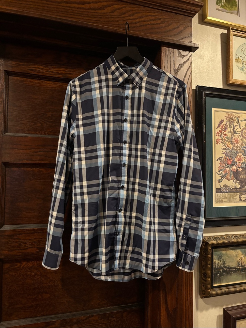 Express Men's Navy and White Plaid Button-Up Shirt